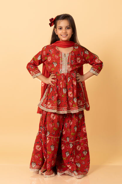Girls- Kids Red Anarkali Kuirti Dupatta Sharara Set