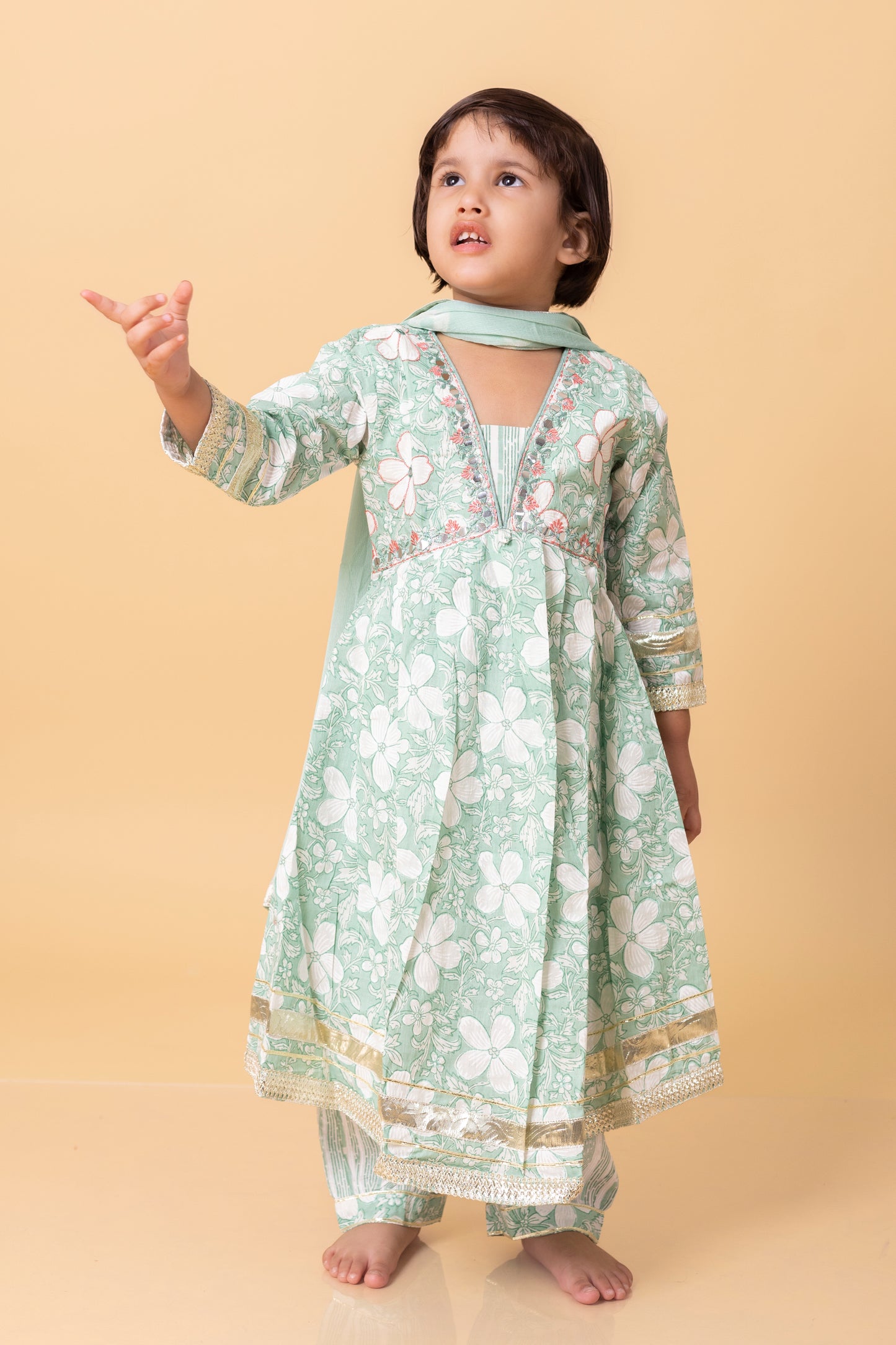 Girls- Kids SeaGreen Embroidery neck fill kurti dupatta set