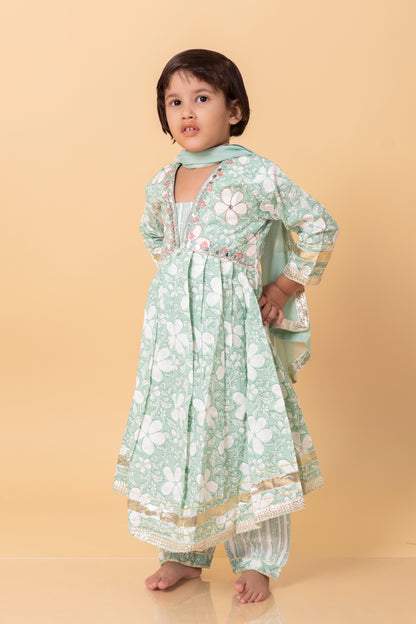 Girls- Kids SeaGreen Embroidery neck fill kurti dupatta set