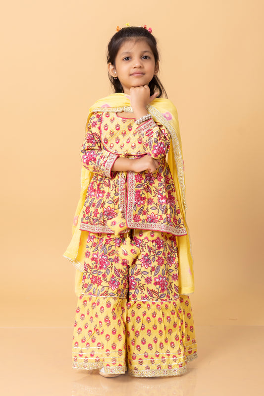 Girls- Handwork Kids Yellow Jacket Sharara Dupatta Set