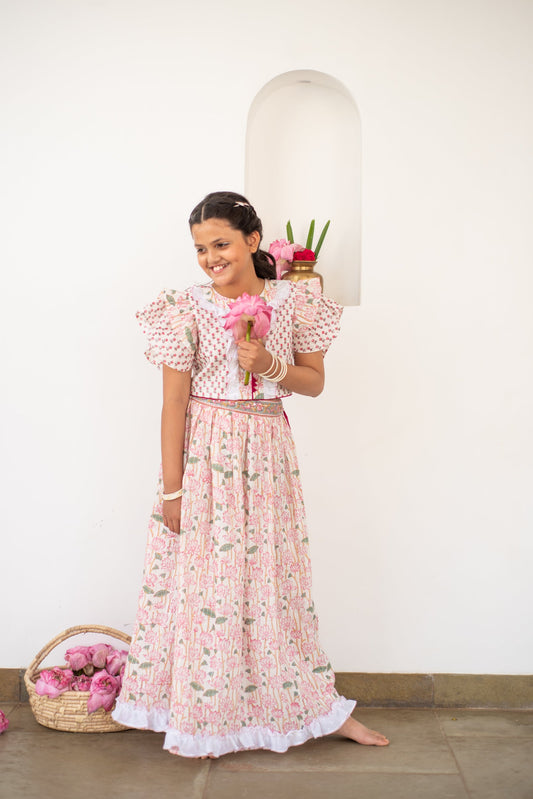 Handblock- Pure 100% Soft Cotton Lotus Dreamy Girls Lehenga Set