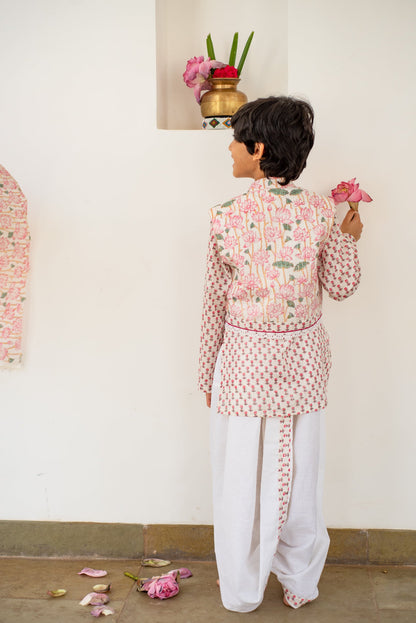 Handblock- Pure 100% Soft Cotton Pink Blossom Kurta Jacket Set