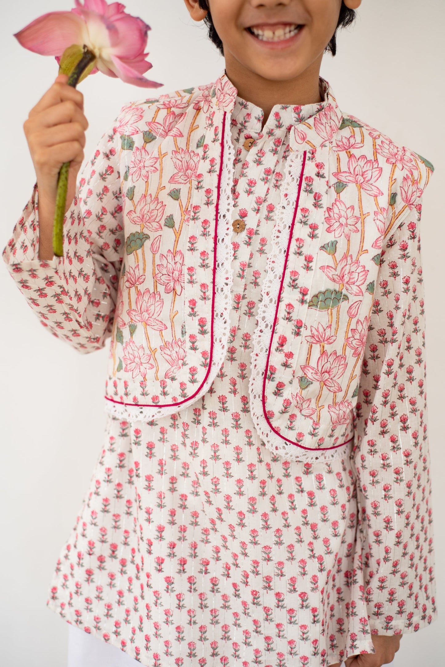 Handblock- Pure 100% Soft Cotton Pink Blossom Kurta Jacket Set