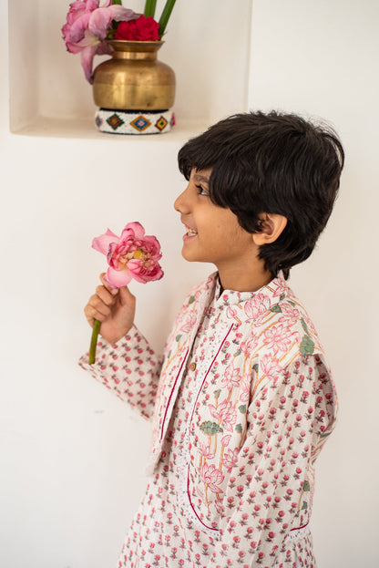 Handblock- Pure 100% Soft Cotton Pink Blossom Kurta Jacket Set