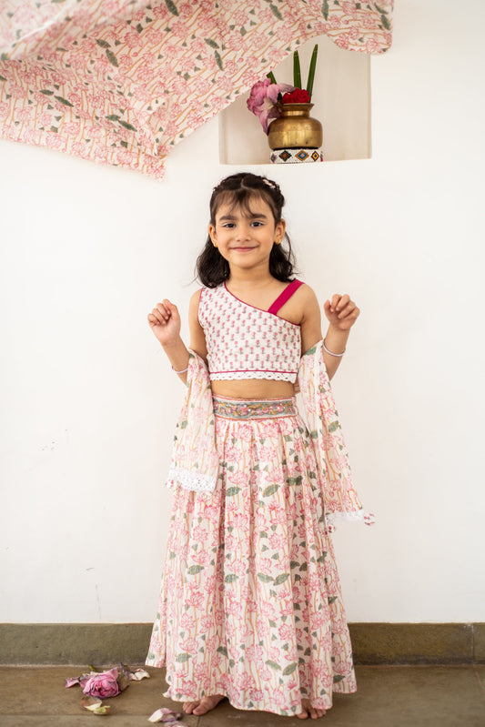 Handblock- Pure 100% Soft Cotton Lotus Charm Lehenga Set