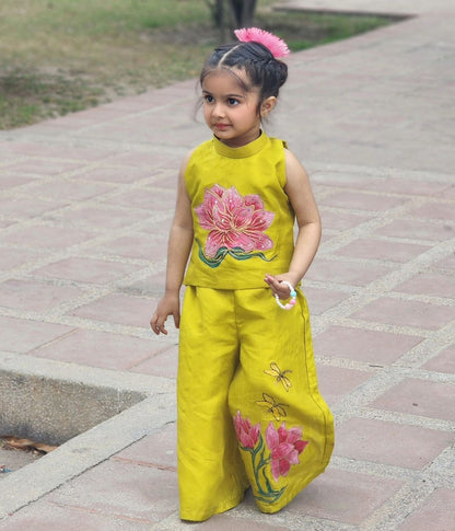 Lotus Hand Painted Girls Crop-Top Pant Co-ord Set - Lime color