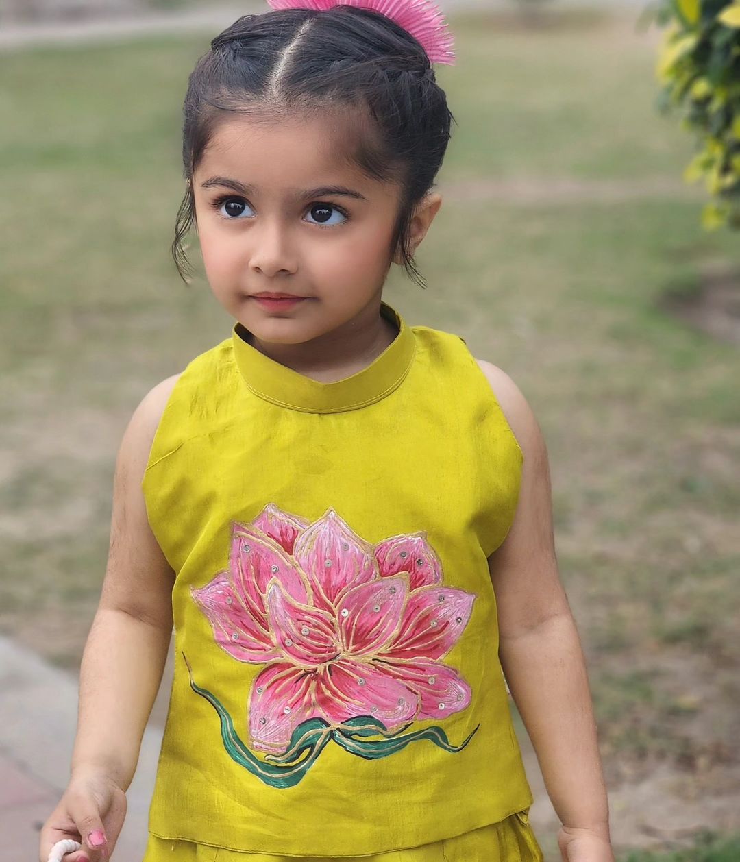 Lotus Hand Painted Girls Crop-Top Pant Co-ord Set - Lime color