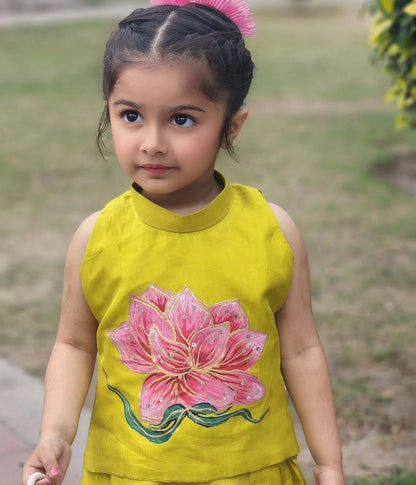 Lotus Hand Painted Girls Crop-Top Pant Co-ord Set - Lime color