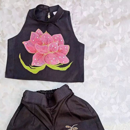 Lotus Hand Painted Girls Crop-Top Pant Co-ord Set - Black
