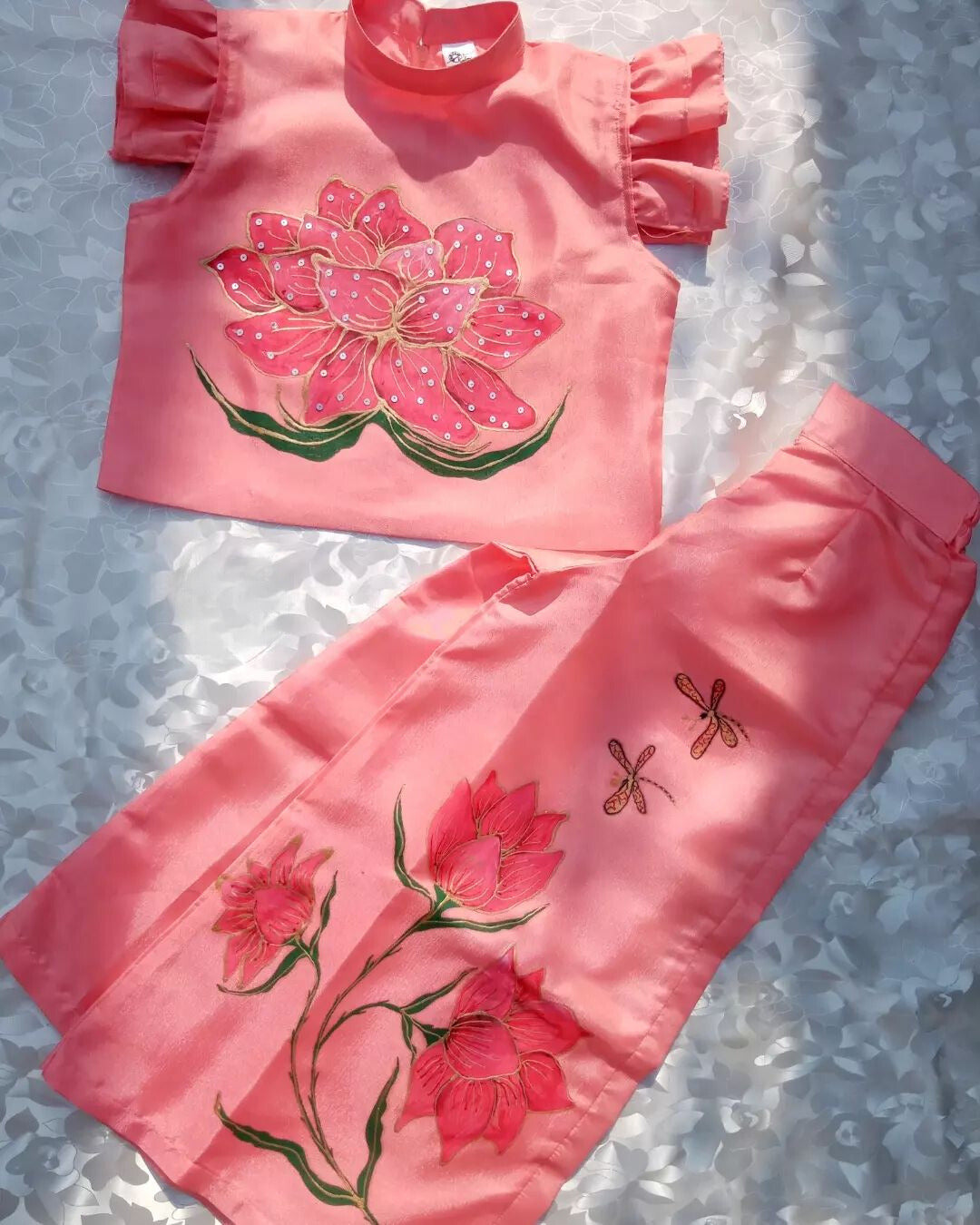 Lotus Hand Painted Girls Crop-Top Pant Co-ord Set - Peach