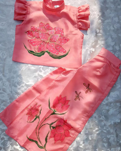 Lotus Hand Painted Girls Crop-Top Pant Co-ord Set - Peach
