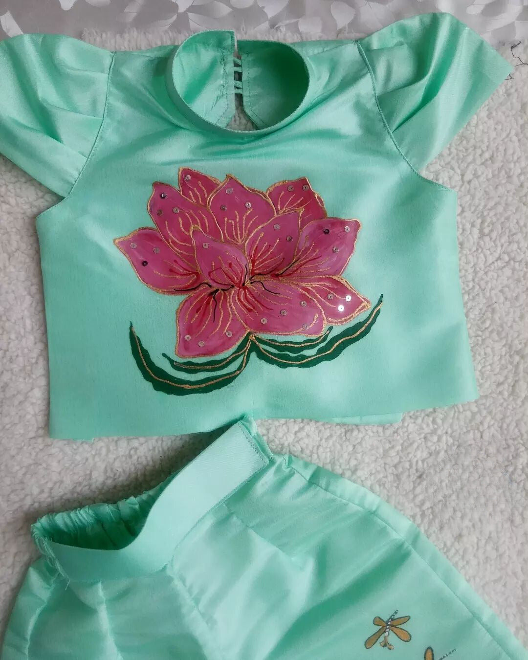 Lotus Hand Painted Girls Crop-Top Pant Co-ord Set - Teal Blue
