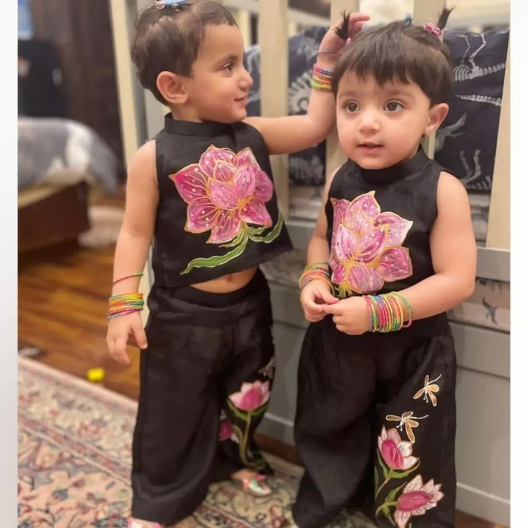 Lotus Hand Painted Girls Crop-Top Pant Co-ord Set - Black