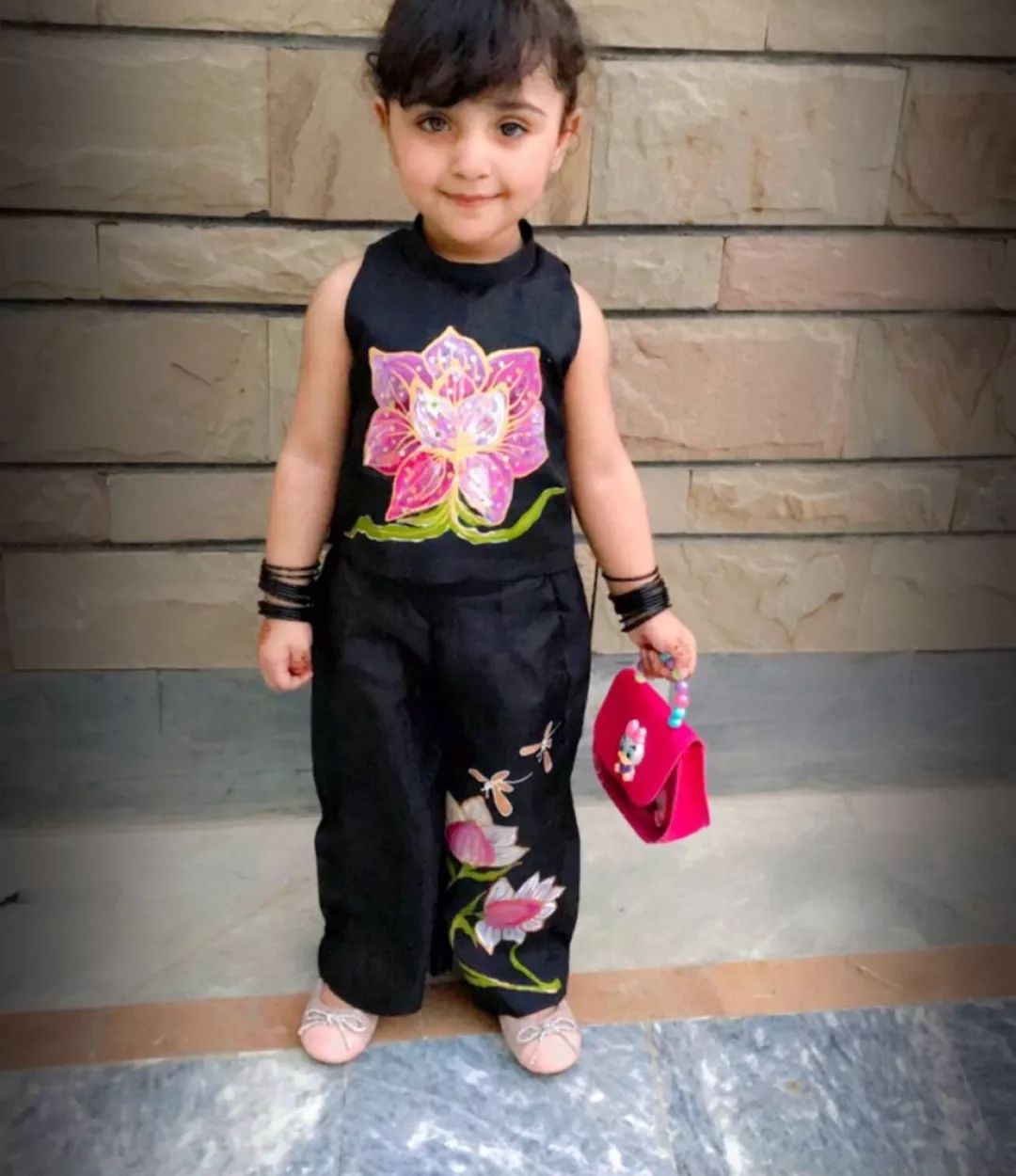 Lotus Hand Painted Girls Crop-Top Pant Co-ord Set - Black