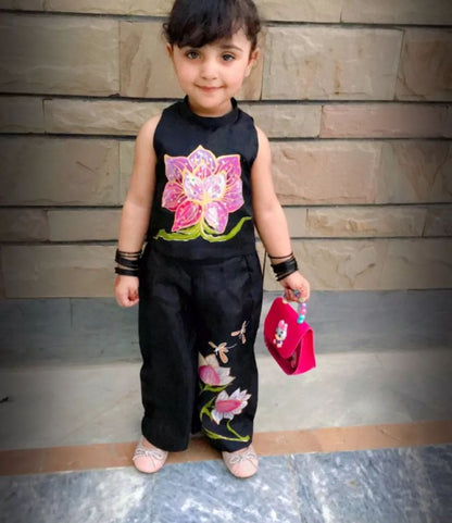 Lotus Hand Painted Girls Crop-Top Pant Co-ord Set - Black