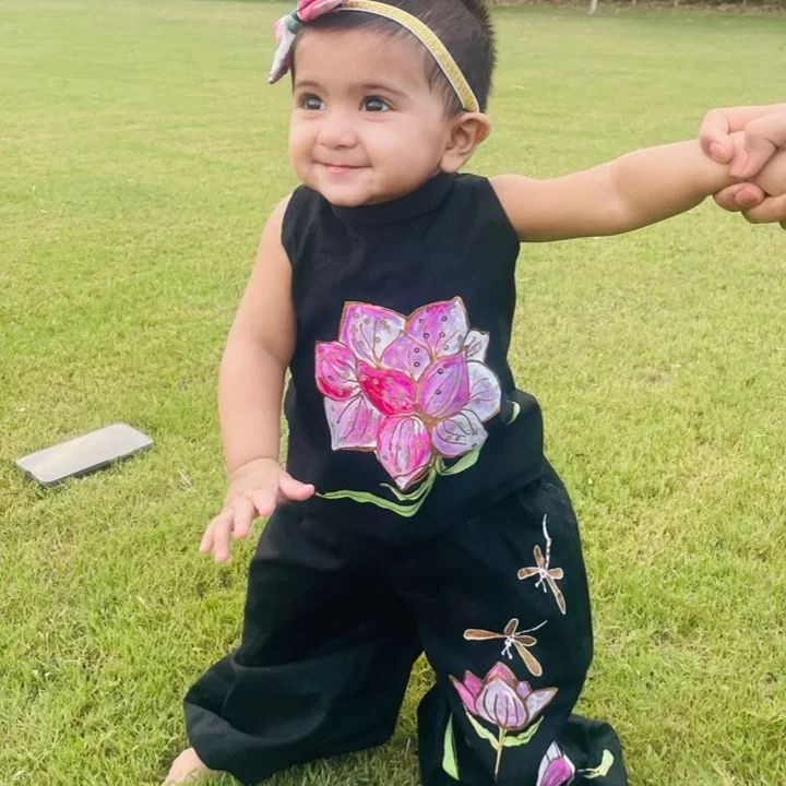 Lotus Hand Painted Girls Crop-Top Pant Co-ord Set - Black