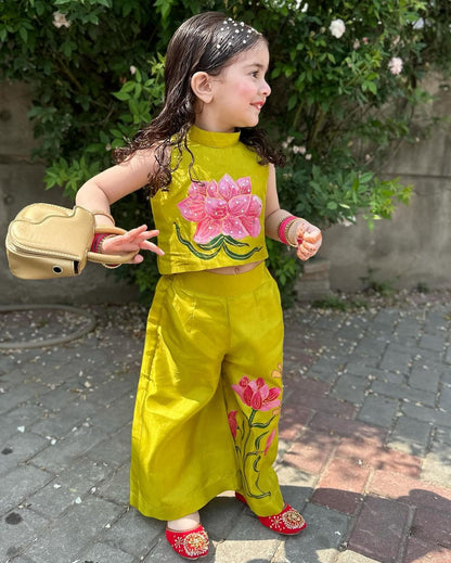 Lotus Hand Painted Girls Crop-Top Pant Co-ord Set - Lime color