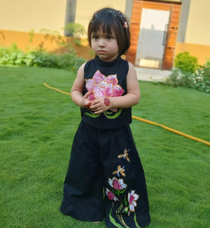 Lotus Hand Painted Girls Crop-Top Pant Co-ord Set - Black