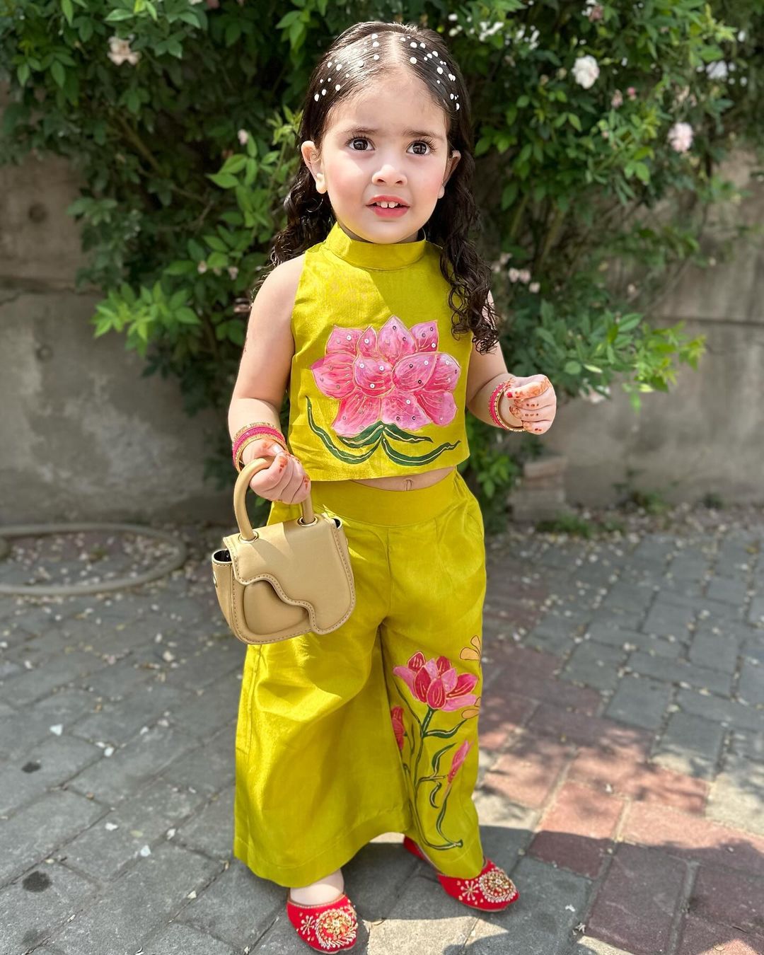 Lotus Hand Painted Girls Crop-Top Pant Co-ord Set - Lime color