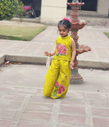 Lotus Hand Painted Girls Crop-Top Pant Co-ord Set - Lime color