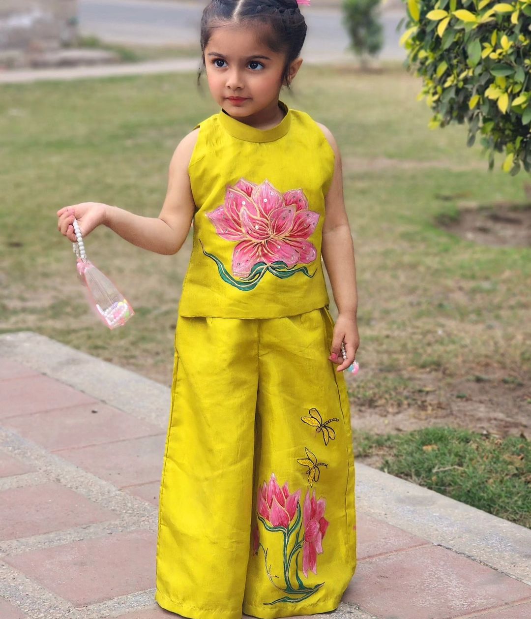 Lotus Hand Painted Girls Crop-Top Pant Co-ord Set - Lime color