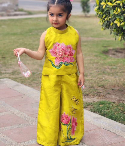 Lotus Hand Painted Girls Crop-Top Pant Co-ord Set - Lime color