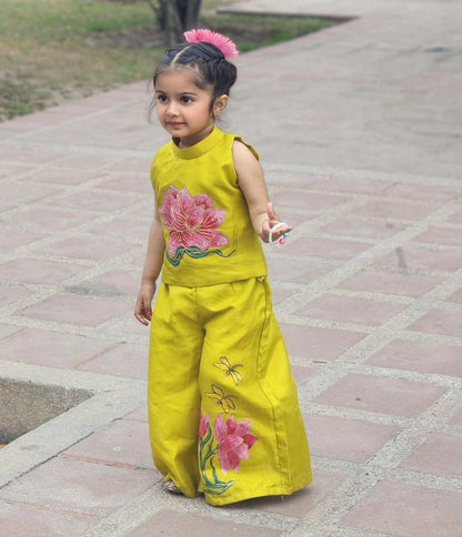 Lotus Hand Painted Girls Crop-Top Pant Co-ord Set - Lime color